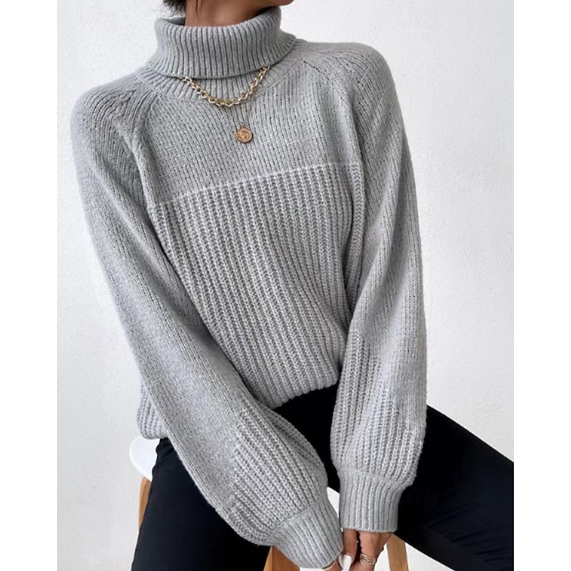Women's Sweater Pullover Streetwear Casual Solid Color Turtleneck Knitted Long Sleeve Regular Tops Knit Daily Going out Weekend Light Green Pink Fall Winter