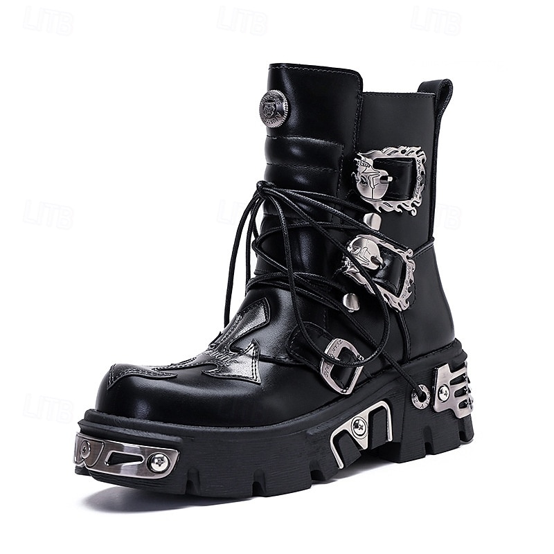 Men's Black Gothic Platform Boots Heavy Duty Lace-Up Biker Boots with Buckles and Metal Accents for Halloween Parties, Cosplay Costumes and Stage Performances3