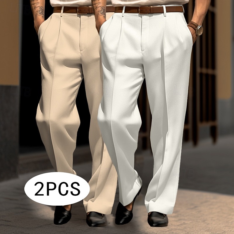 Men's Trousers Dress Pants Suit Pants Front Pocket Straight Leg Plain Comfort Full Length Wedding Party Business Fashion Chic & Modern White+khaki Black+ Khaki Inelastic