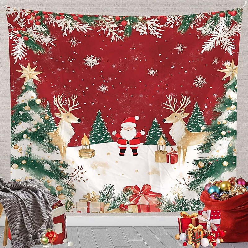 Chrismas Hanging Tapestry Merry Christmas Christmas Tree Snowman Snowflakes Large Wall Art Mural Decor Blanket Curtain Holiday Home Bedroom Living Room Festive Seasonal Party Celebration Decoration2