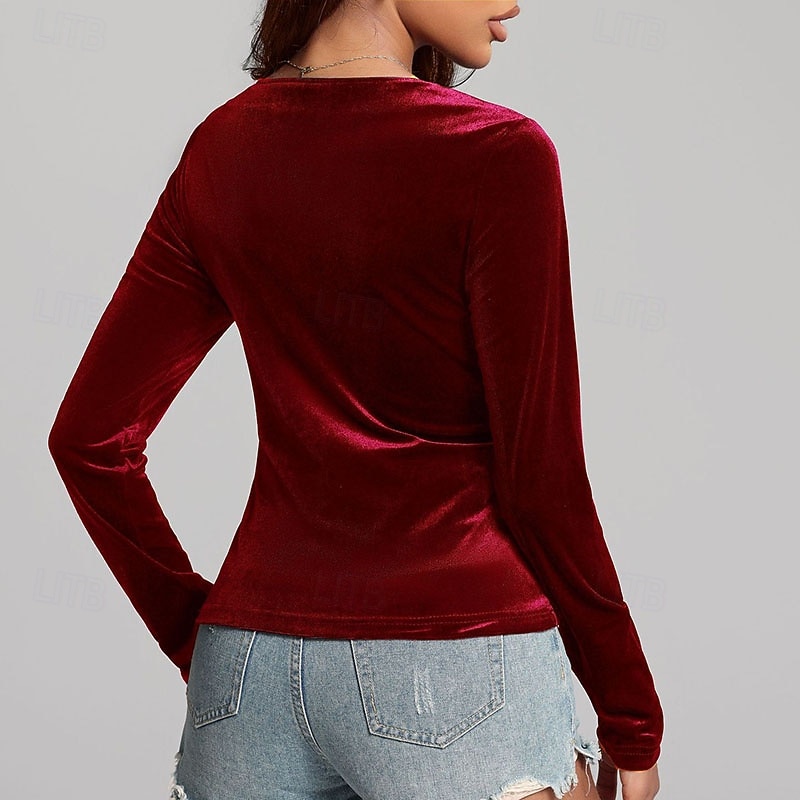 Women's Blouse Plain Stylish Long Sleeve V Neck Regular Tops Daily Holiday Going out Ruched Black Wine Blue Purple Green Spring Fall4