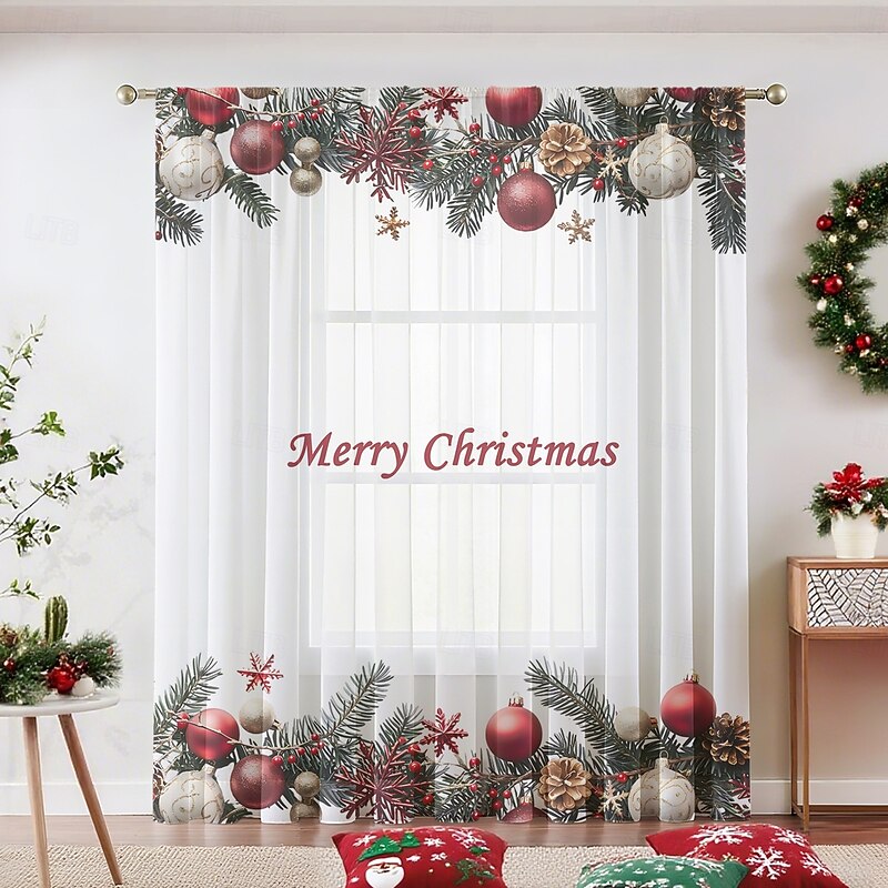 1pc New Christmas Series Sheer Curtain, 3D Digital Printed Rod Pocket Window Voile, Bedroom & Living Room Holiday Decoration, Factory Direct4