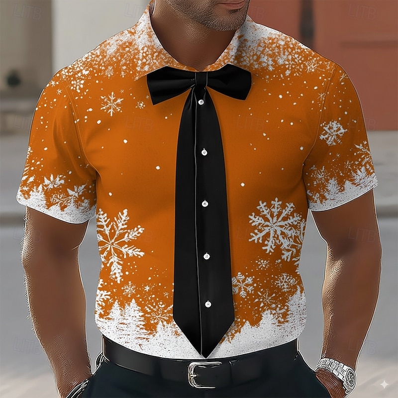Christmas Men's Snowflake Bow tie Christmas Costume Shirt Button Up Shirt Short Sleeve Fashion Casual Outdoor Holiday Summer Spring Turndown 3D Print Collared Shirts Pink Red Orange3