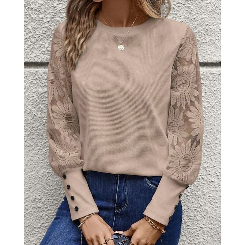 Women's Blouse Elegant Stylish Basic Long Sleeve Crew Neck Regular Tops Daily Lace Buttons Black White Pink Beige Gray Spring Fall Winter4