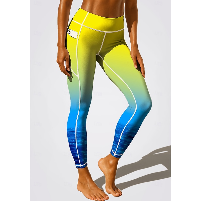 Women's pilates leggings fitness pants Gym Leggings Pockets Stamp Duty Side Pockets Pilates Gym Gym Workout Pants Tights Leggings Color Block Color Gradient Blue+Yellow Sports Activewear High2
