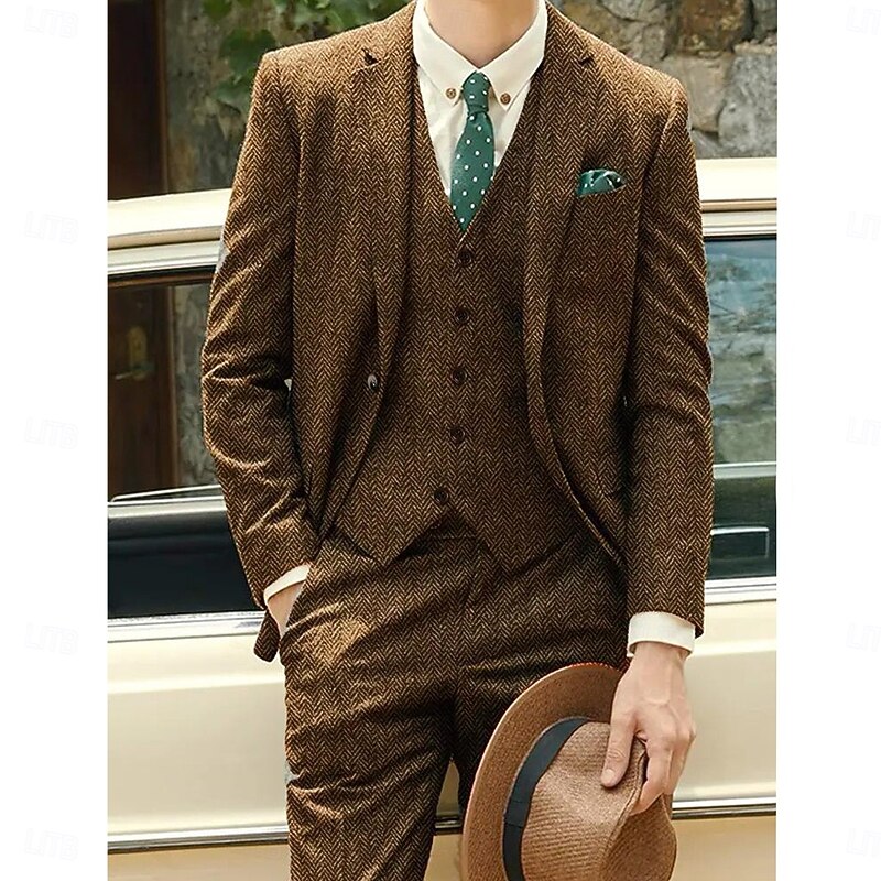 Men's Business Business Suits Notch Lapel Black Dark Grey Formal Herringbone Tailored Fit 3 Piece2