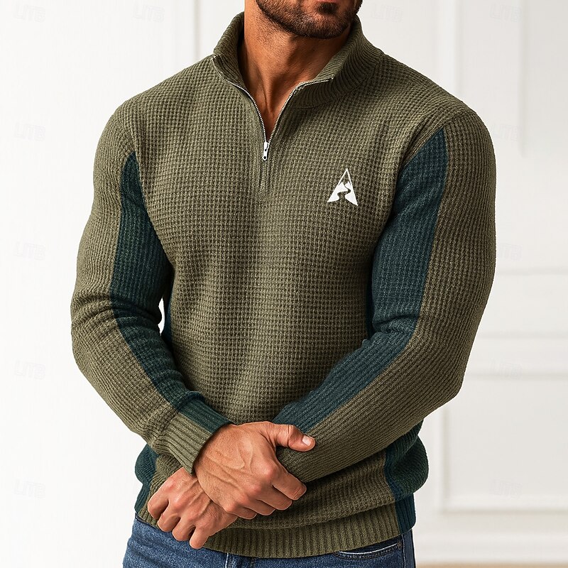Men's Graphic Pullover Sweater Jumper Zip Sweater Polo Sweater Zip Collar Casual School Vacation Daily Embroidered Zipper Long Sleeve Spring Fall Winter Sky Blue Brown Green3