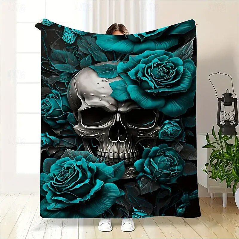 Halloween Fleece Throw Blanket for Couch Skeleton Rose 3D Dark Punk Gothic Style Party Sofa Bed Decorative Warm Blanket Home Decor