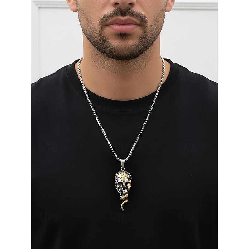 Men's Halloween Skull Snake Pendant Necklace, Gothic Punk Style Alloy Chain Jewelry for Parties, Cosplay and Festivals3