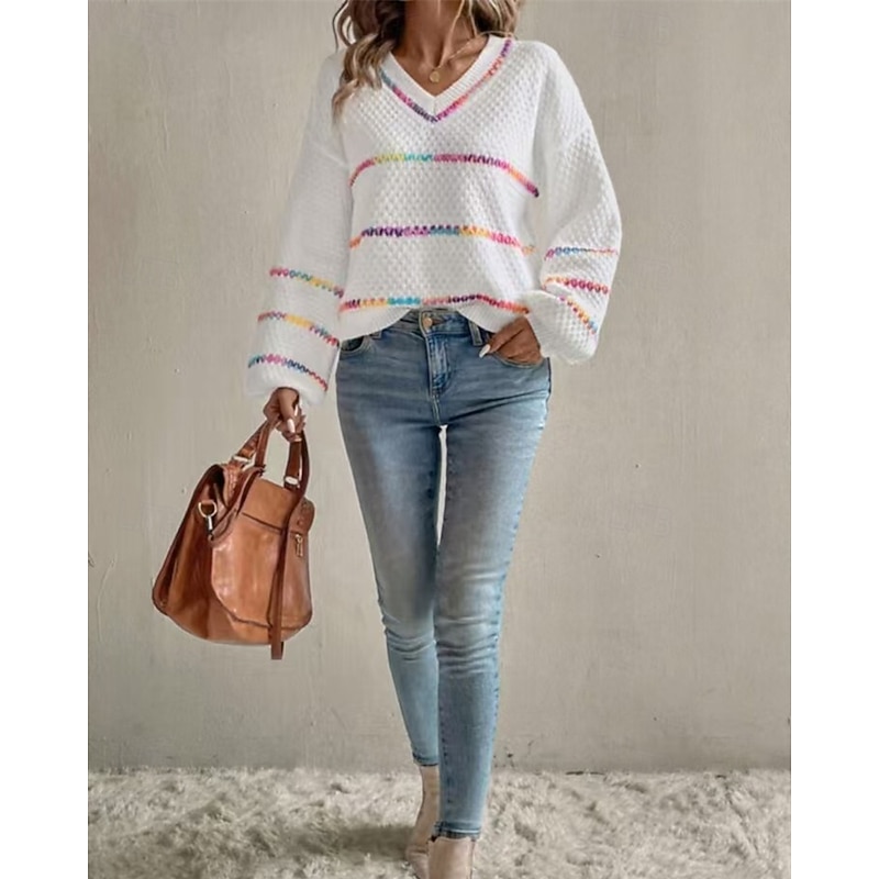 Women's Sweater Pullover Daily Stylish Casual Striped Ribbed V Neck Knitted Long Sleeve Regular Tops Knit Daily Holiday Going out Black White Fall Winter4