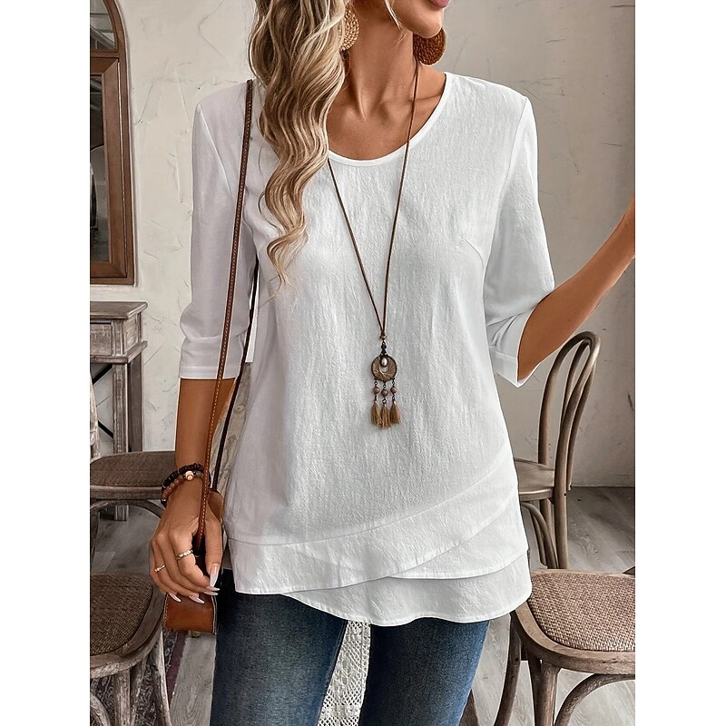 Women's Blouse Solid Color Vintage Tropical Stylish Half Sleeve Crew Neck Square Neck Scoop Neck Regular Tops Daily Ruffle White Pink Navy Blue Blue Green Spring Fall Winter