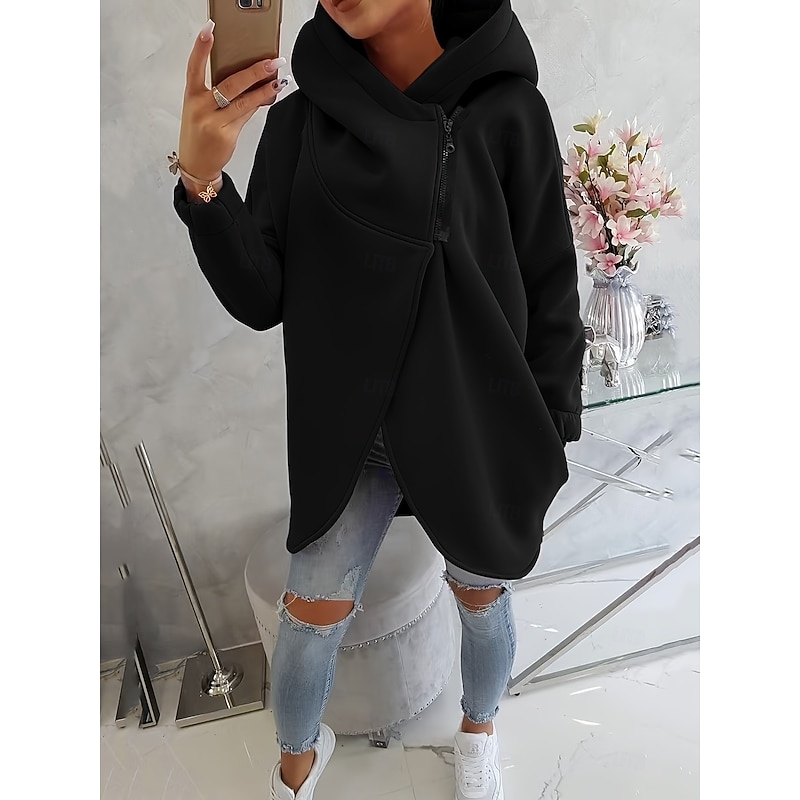 Women's Casual Jacket Comfortable Breathable Zipper Casual Plain Vacation Street Casual Daily Wear Zipper Regular Hooded Oversized Long Sleeve Outerwear Black White Pink Spring Fall3