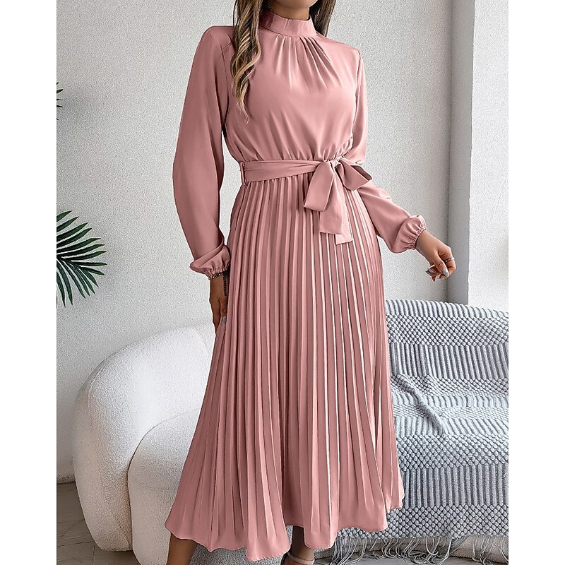 Women's Midi Dress Party Dress Cocktail Dress Satin Dress Ruched Dress Elegant Modern Party Evening Party Date Regular Fit Plain Long Sleeve Stand Collar Black Pink Wine Green Fall Winter2