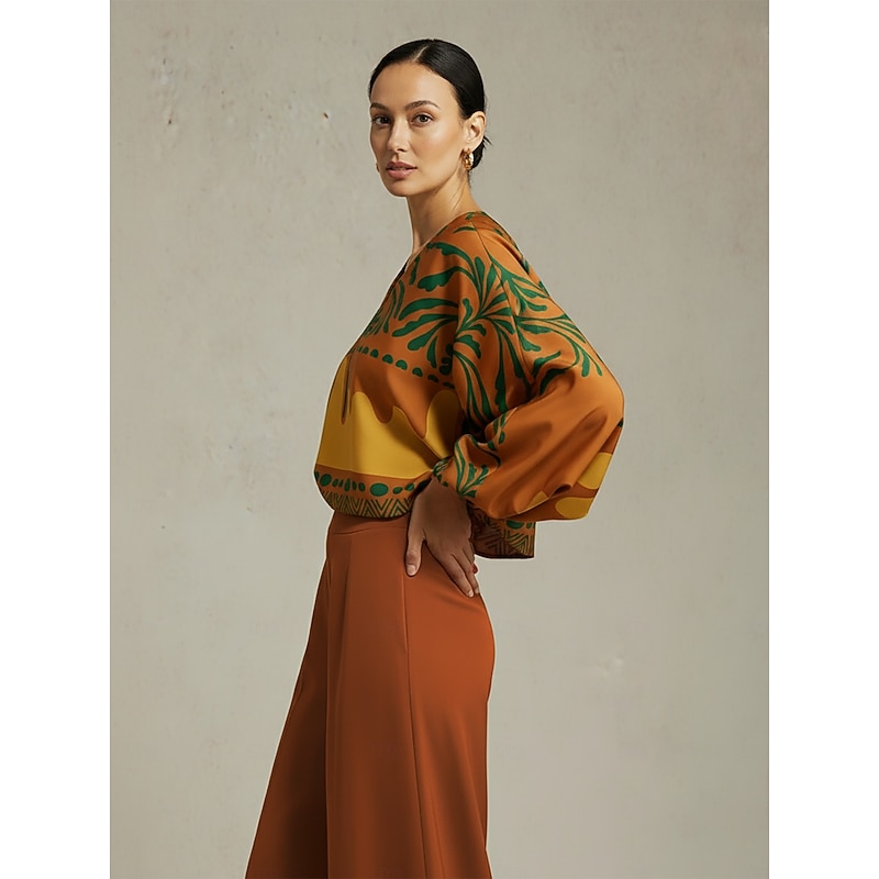 Women's Top Satin Khaki Floral Vacation Print Lantern Sleeve V Neck Spring Autumn Casual3