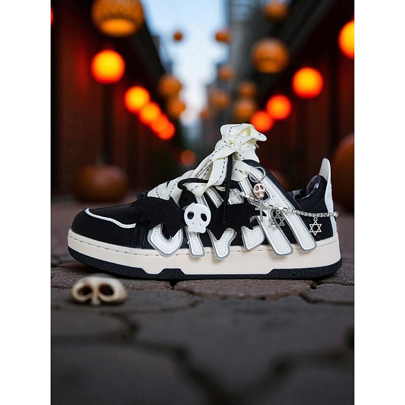 Women's Black and White Halloween Skull Lace-Up Sneakers with Bat Charms – Gothic Streetwear Style for Festival Nights and Costume Parties2