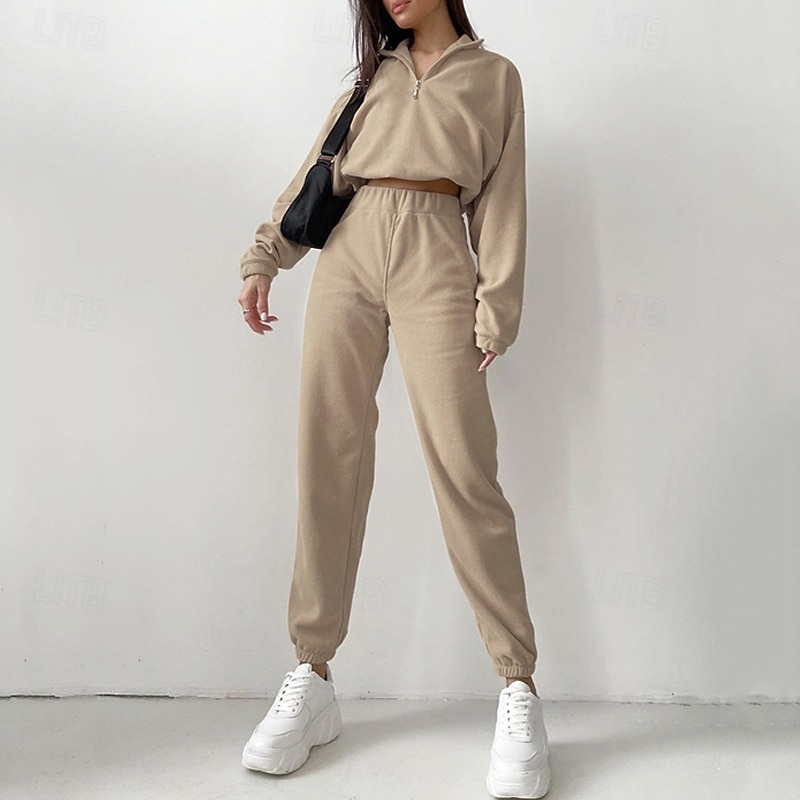 Women's Fashion Streetwear Pants Sets Bolero Top Sweatshirt Long Sleeve Stand Collar Solid Color Zipper Outdoor Work Casual Khaki Spring Regular Fit4