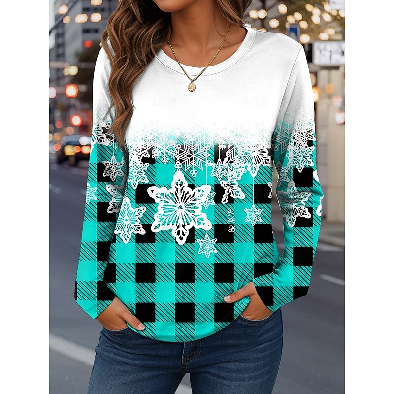 Women's T Shirt Graphic Plaid Snowflake Vintage Fashion Stylish Long Sleeve Crew Neck Regular Tops Daily Weekend Print Red Blue Purple Green Spring Fall Winter2
