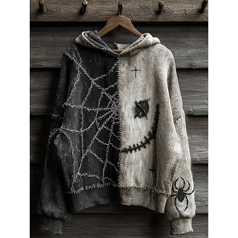 Women's Pullover Hoodie Sweatshirt Graphic Monster Casual Long Sleeve Hooded Regular Tops Party Evening Wear Street Dailywear Patchwork Dark Gray Spring Fall Winter