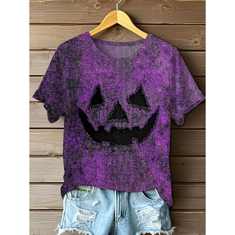 Halloween Women's T Shirt Graphic Pumpkin Vintage Stylish Classic Short Sleeve Crew Neck Regular Tops Daily Going out Weekend Print Purple Orange Green Gray Summer Fall3