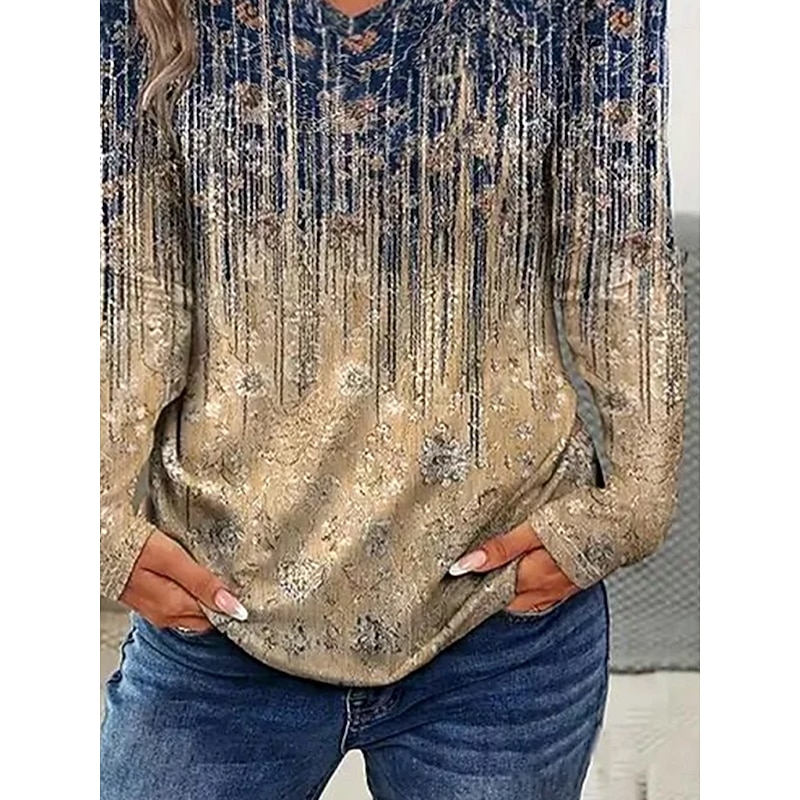 Women's T Shirt Ombre Graphic Abstract Vintage Stylish Classic Long Sleeve V Neck Regular Tops Daily Print Khaki Spring Fall Winter3