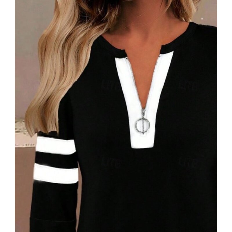 Women's T Shirt Graphic Geometric Vintage Fashion Stylish Long Sleeve Crew Neck Regular Tops Daily Zipper Print Black White Red Blue Spring Fall Winter2