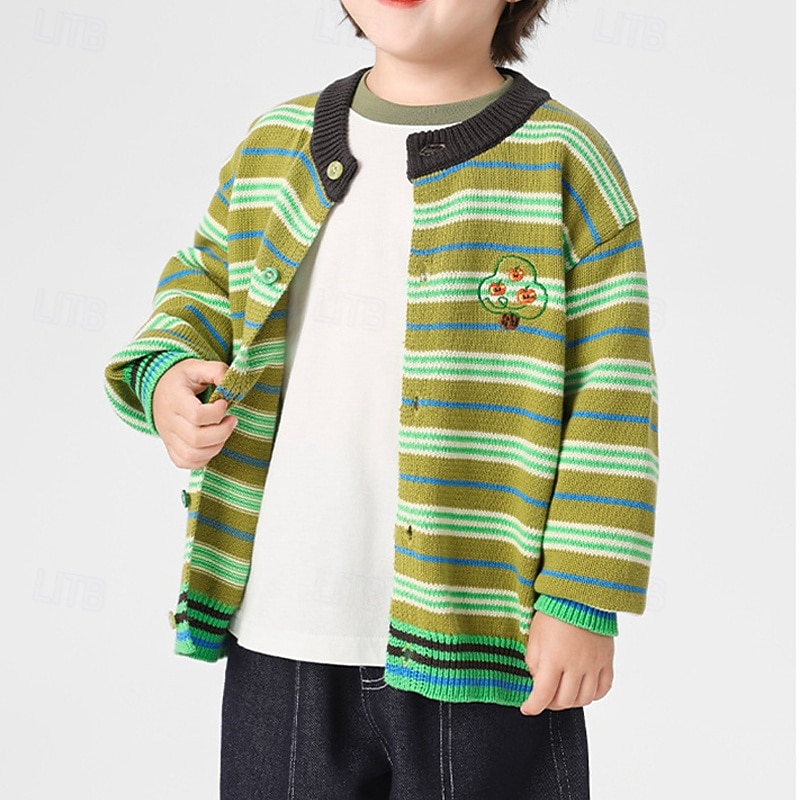Kids Unisex Baseball Jackets Outerwear Stripe Long Sleeve Comfort Buttons Soft Coat Outdoor Cotton Fashion Daily Blue Green Spring Fall 4 years+3