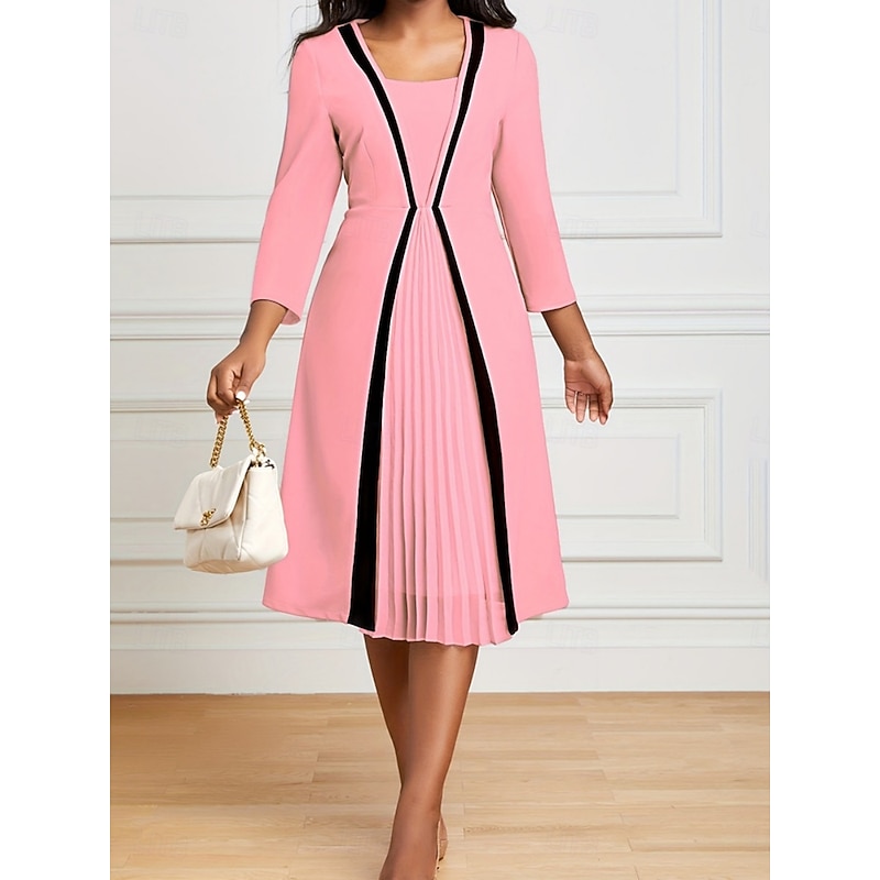 Women's Midi Dress A Line Dress Work Dresses Semi Formal Office Regular Fit Plain 3/4 Length Sleeve Crew Neck Black Pink Red Khaki Spring Fall