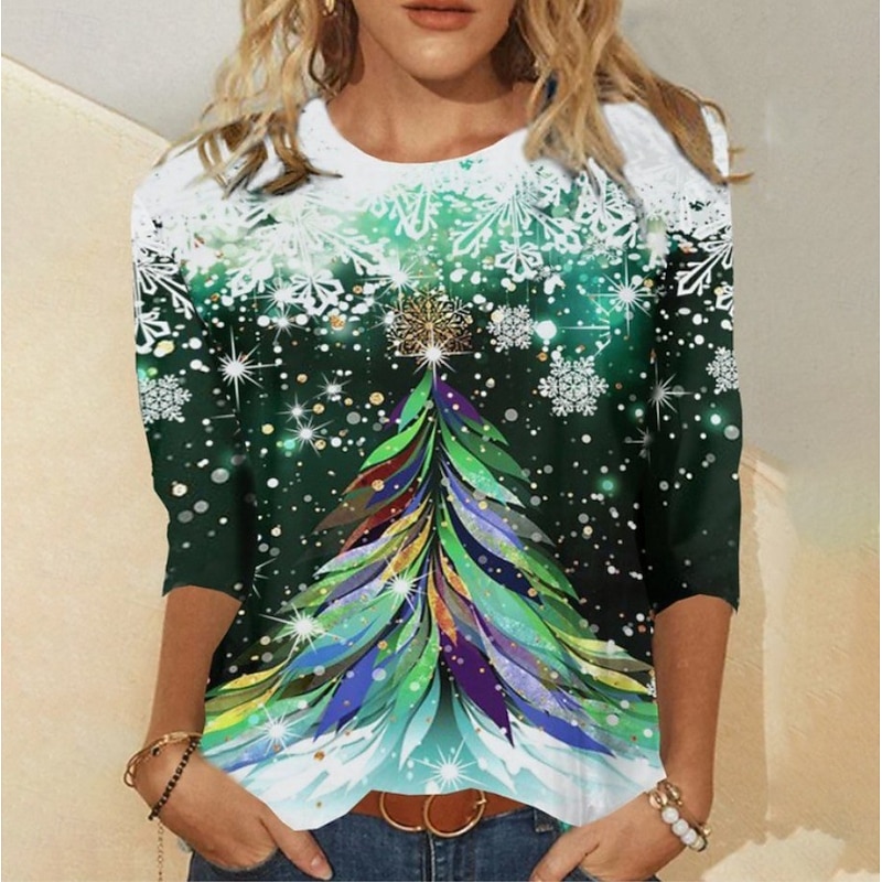Christmas Women's T Shirt Graphic Snowman Christmas Tree Vintage Fashion Stylish Long Sleeve Crew Neck Round Neck Regular Tops Daily Weekend Print Black+White+Red Black Blue Dark Green Dusty Blue