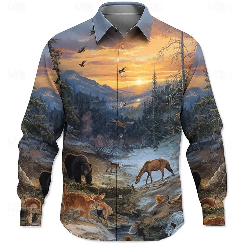 Men's Animal Wildlife Nature & Landscapes Shirt Button Up Shirt Long Sleeve Ethnic Vintage Retro Outdoor Camping & Hiking Hunting Spring Fall Turndown 3D Print Linen Like Shirt Blue2