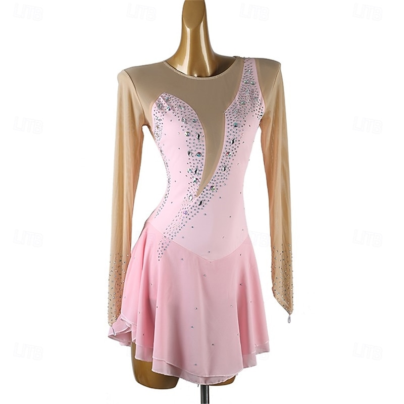 Figure Skating Dress Women's Girls' Ice Skating Dress Pink Patchwork Thumbhole Mesh Spandex High Elasticity Training Competition Skating Wear Classic Crystal / Rhinestone Long Sleeve Ice Skating2