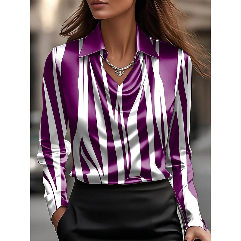 Women's Shirt Graphic Geometric Striped Elegant Stylish Casual Long Sleeve Cowl Neck Regular Tops Work Party Evening Wear Daily Ruched Draped Blue Purple Brown Green Summer Fall4