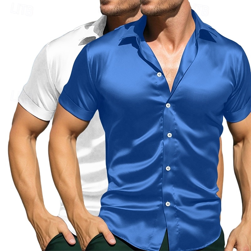 Men's Shirt Silk Like Satin Shirt Casual Shirt Button Up Shirt Plain Formal Vacation White+Green White Blue Green Short Sleeve Lapel Summer All Seasons Clothing Apparel2