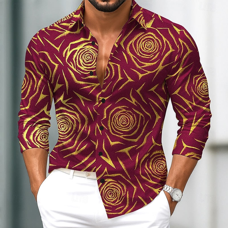 Men's Floral Print Rose Flowers Shirt Satin Shirt Dress Shirt Long Sleeve Fashion Casual Vacation Dailywear Summer Spring Fall Turndown 3D Print Button Up Shirts White Burgundy Purple Green