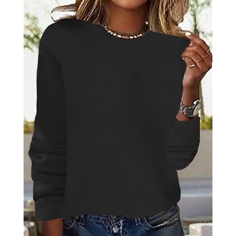 Women's Sweater Casual Soft Pure Color Ribbed Crew Neck Knitted Long Sleeve Regular Tops Knit Outdoor Daily Weekend Black White Fall Winter2