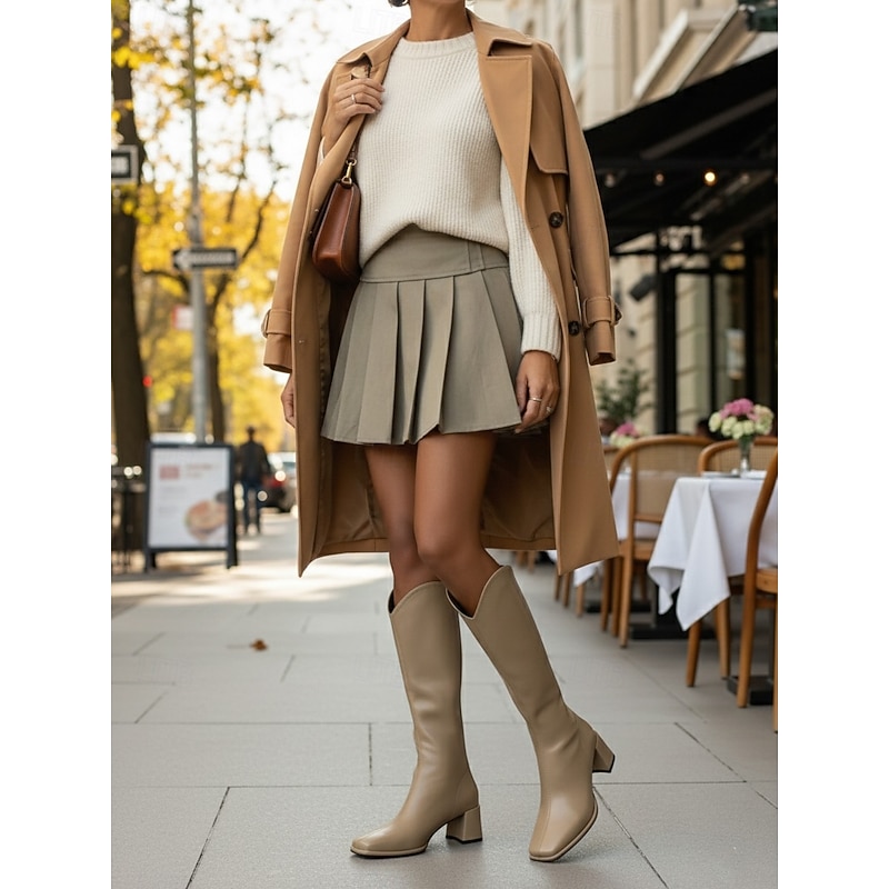 Women's Genuine Leather Knee High Riding Boots -Urban Fashion Square Toe Block Heel Equestrian Style Boots for Casual Chic Outfits3