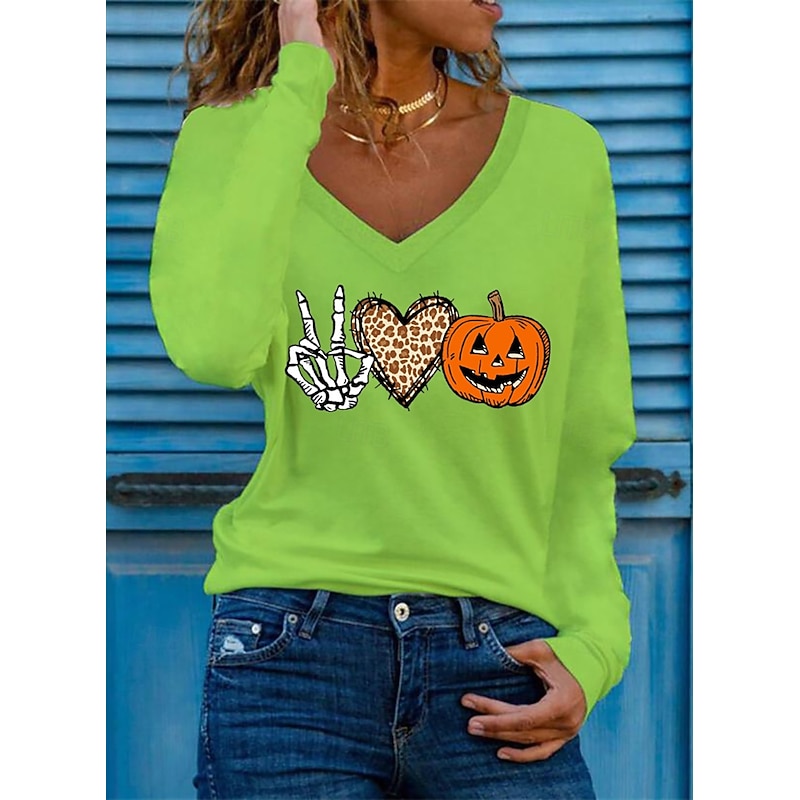 Halloween Women's T Shirt Blouse Halloween Basic Long Sleeve Flutter Sleeve V Neck Regular Tops Daily Sports Patchwork Print Black White Red Dark Green Green Spring Fall Winter4