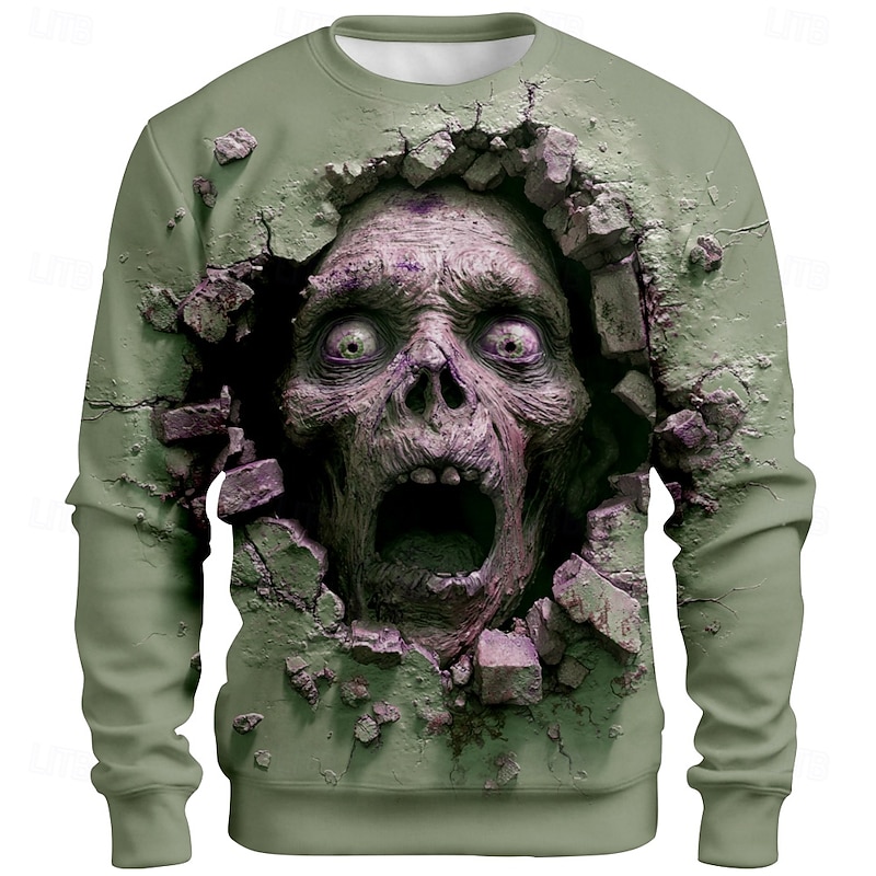 Halloween Men's Zombies 3D Sweatshirt Punk Party Crew Neck Vacation Light Green Green Crewneck 3D All Seasons Designer3