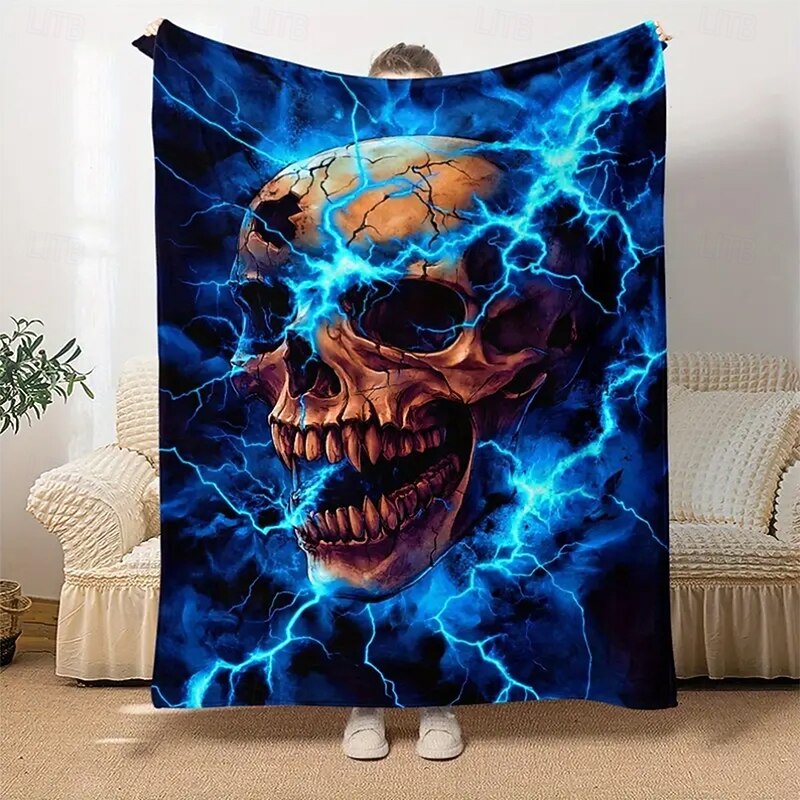 Halloween Fleece Throw Blanket for Couch Skeleton Lightning 3D Dark Punk Gothic Style Party Sofa Bed Decorative Warm Blanket Home Decor2