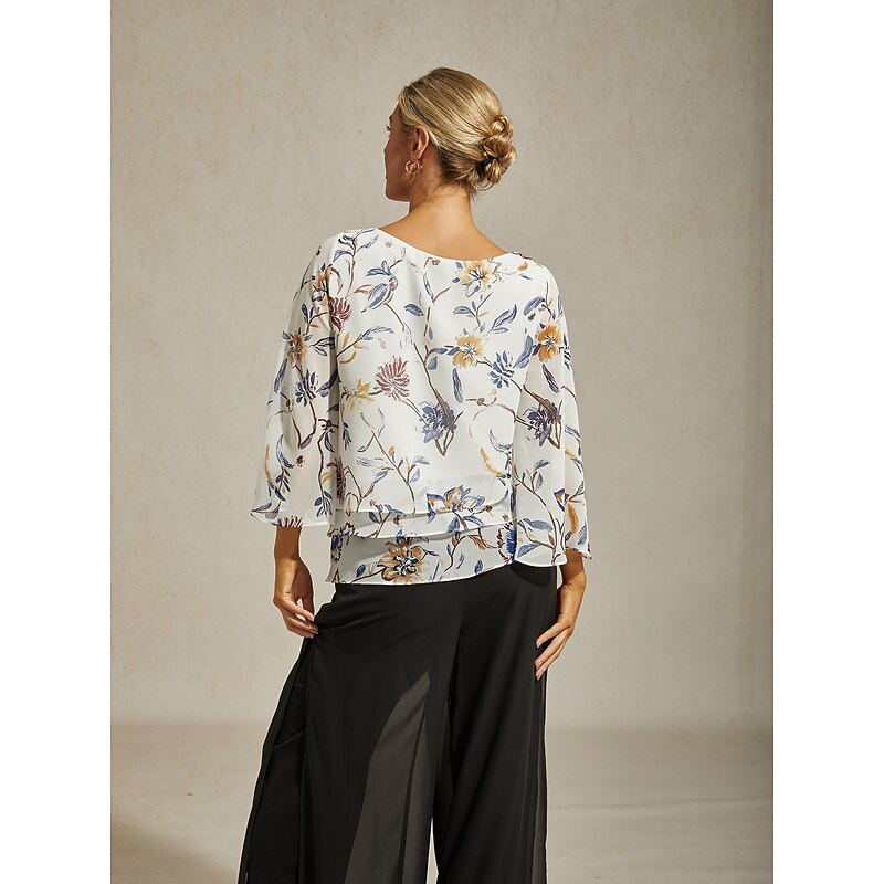Women's Floral Print Layered Top with Bell Sleeves – Loose Fit Tiered Blouse in Lightweight Crepe Fabric2