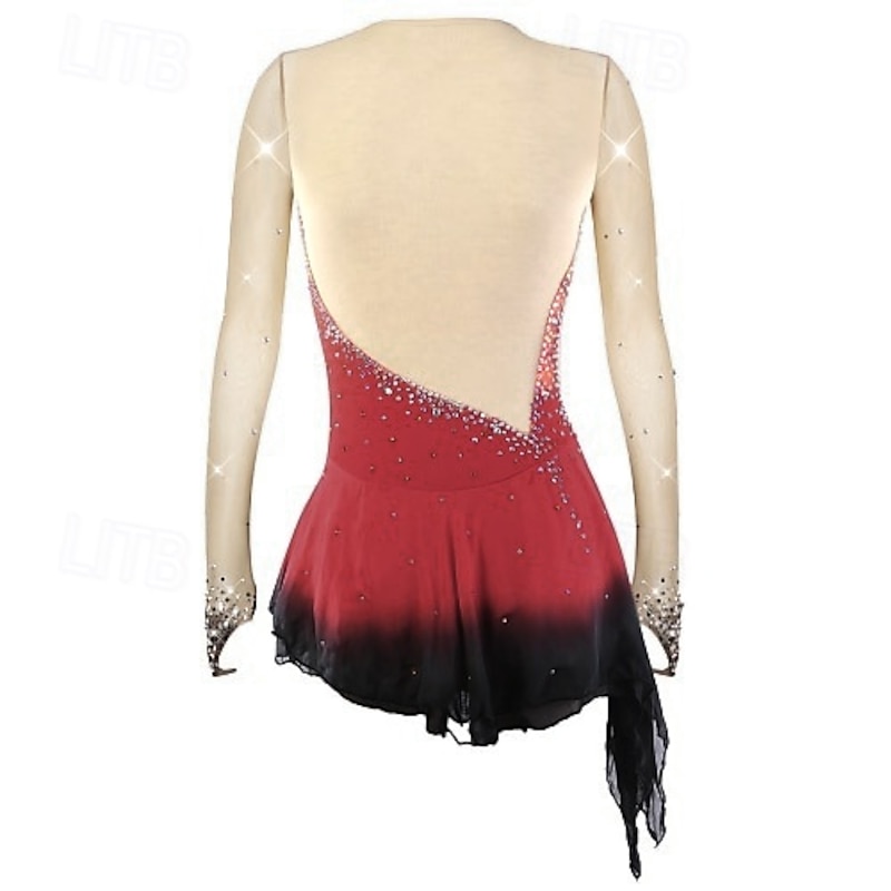 Figure Skating Dress Women's Girls' Ice Skating Dress Outfits Violet Yellow Dusty Rose Asymmetric Hem Mesh Spandex Competition Skating Wear Fashion Long Sleeve Ice Skating Figure Skating3