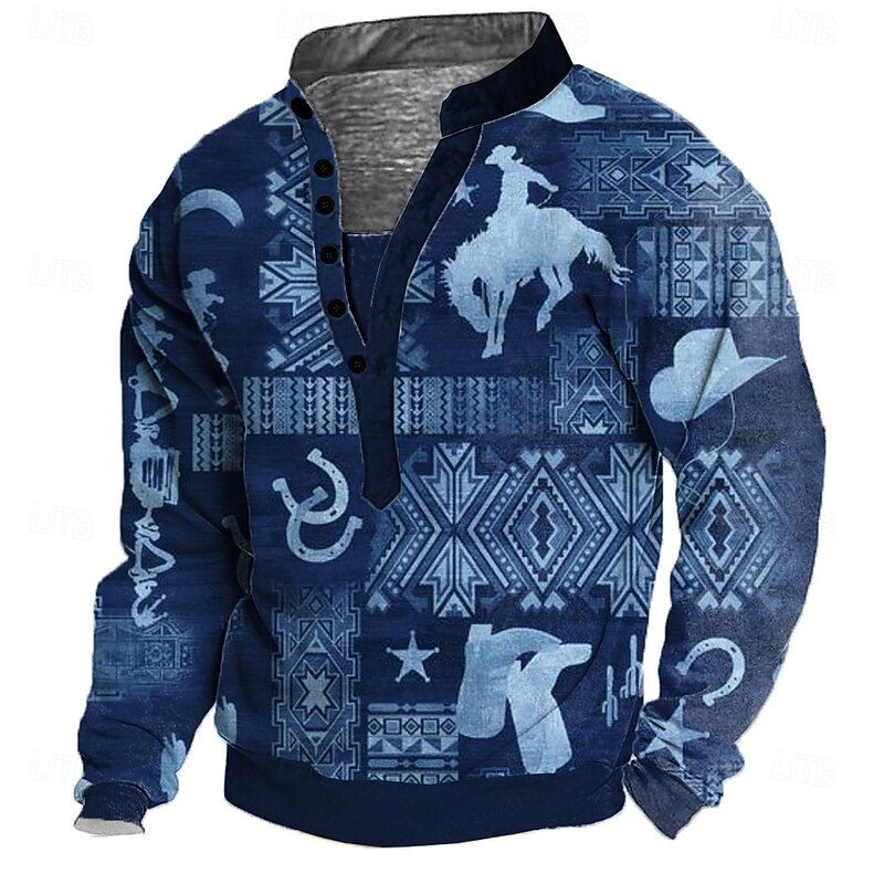 Men's Tribal Sweatshirt Ethnic 3D High Neck Gift Travel Streetwear Khaki Dark Blue Button Front Fall Winter Designer2
