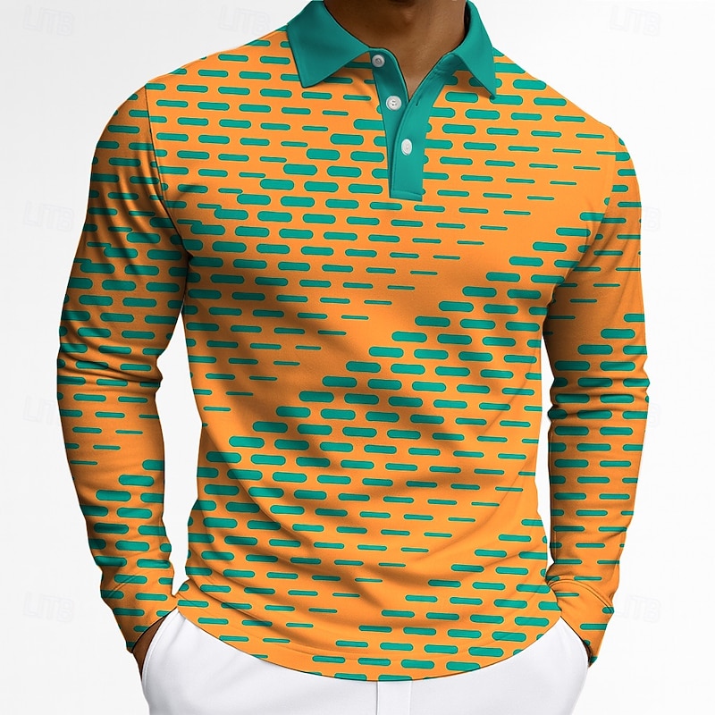 Men's Geometric Polo Long Sleeve Polo Shirts Lapel Business Casual Athleisure Daily Wear 3D Print Buttons Spring Fall Winter Violet Pink Yellow Red3