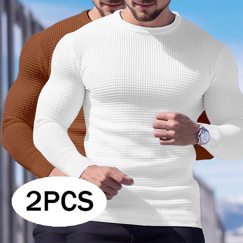 2 Piece Men's Waffle Shirt T Shirt Tee Top Long Sleeve Shirt Long Sleeve Crew Neck Crewneck Fall Spring & Fall Plain Fashion Designer Basic Knitted Vacation Street Casual  Top Tee for Men