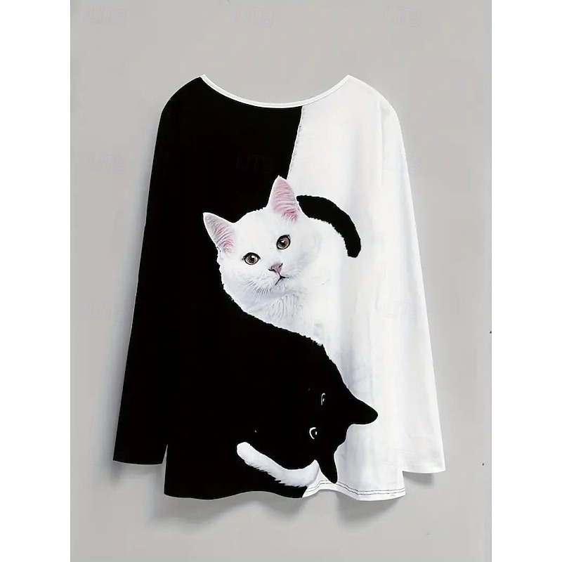 Women's Elegant Vacation Fashion T Shirt Pants Sets Long Sleeve Crew Neck Round Neck Graphic Animal Cat Print Casual Daily Casual Daily White Spring Regular Fit3