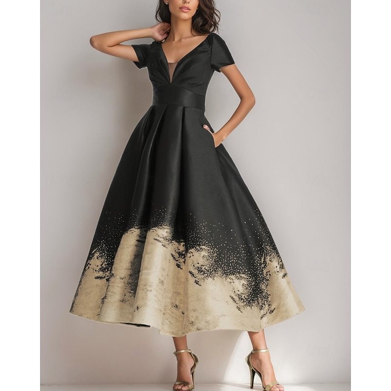 Black Gold A-Line Cocktail Gown Elegant Dress Formal Wedding Ankle Length Short Sleeve V Neck Pocket Satin with Floral Print4
