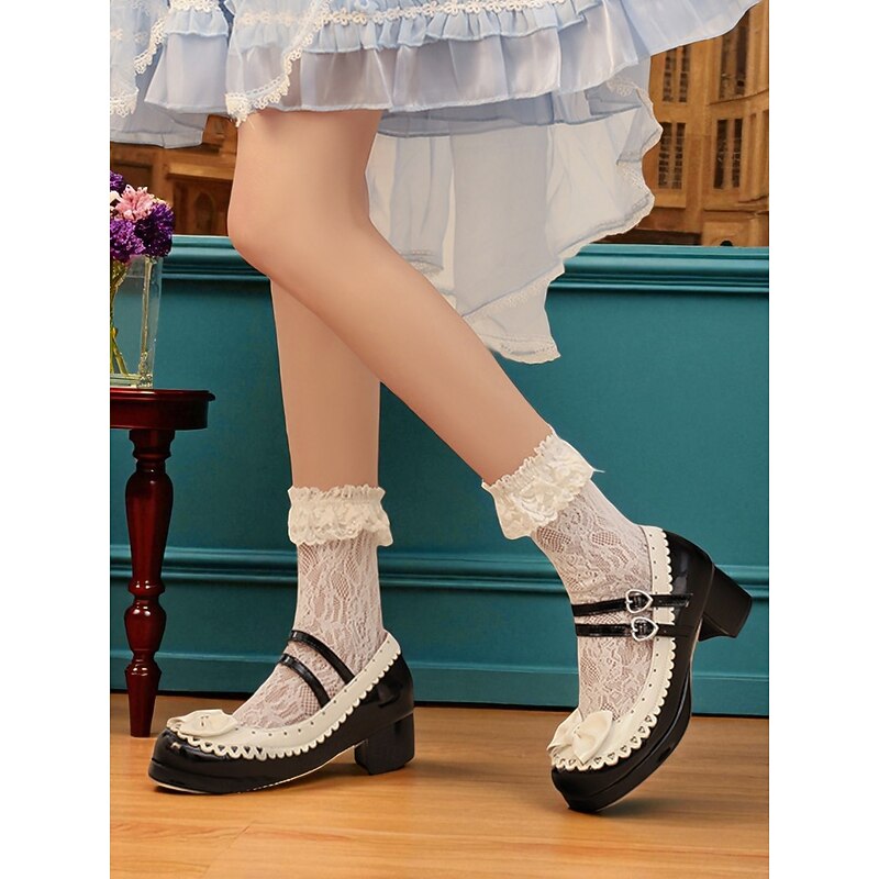 Women's 1950s Black and White Faux Patent Bow Mary Jane Shoes – Double Strap Lolita Vintage Chunky Heel Pumps for Girls' Tea Party, School Uniform, and Cosplay Outfits3