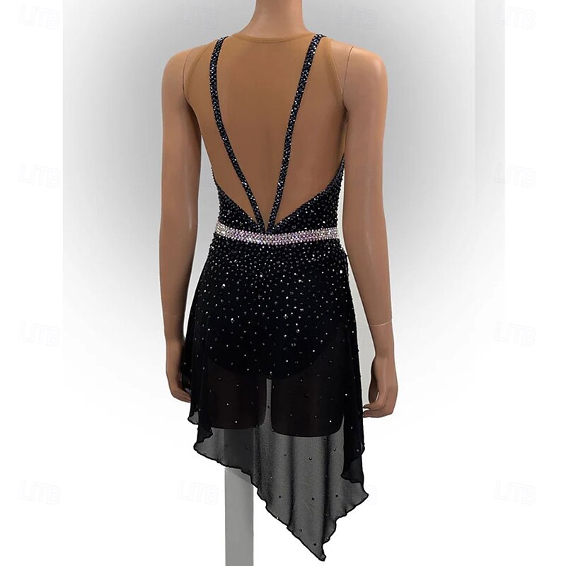 Figure Skating Dress Women's Girls' Ice Skating Dress Black Patchwork Asymmetric Hem Mesh Spandex High Elasticity Training Competition Skating Wear Classic Crystal / Rhinestone Sleeveless Ice Skating2