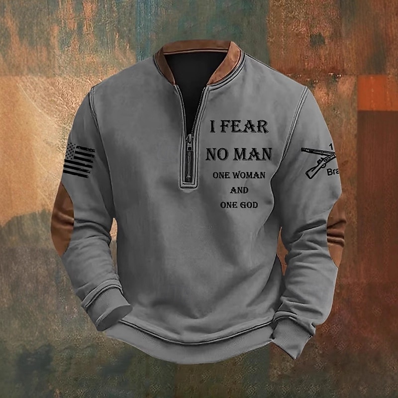 Men's Quarter Zip Sweatshirt Black White Wine Navy Blue Green Half Zip Letter American Flag Front Pocket Quarter Zip Daily Holiday Going out Polyester Vintage Retro Casual Fall Winter Clothing Apparel2