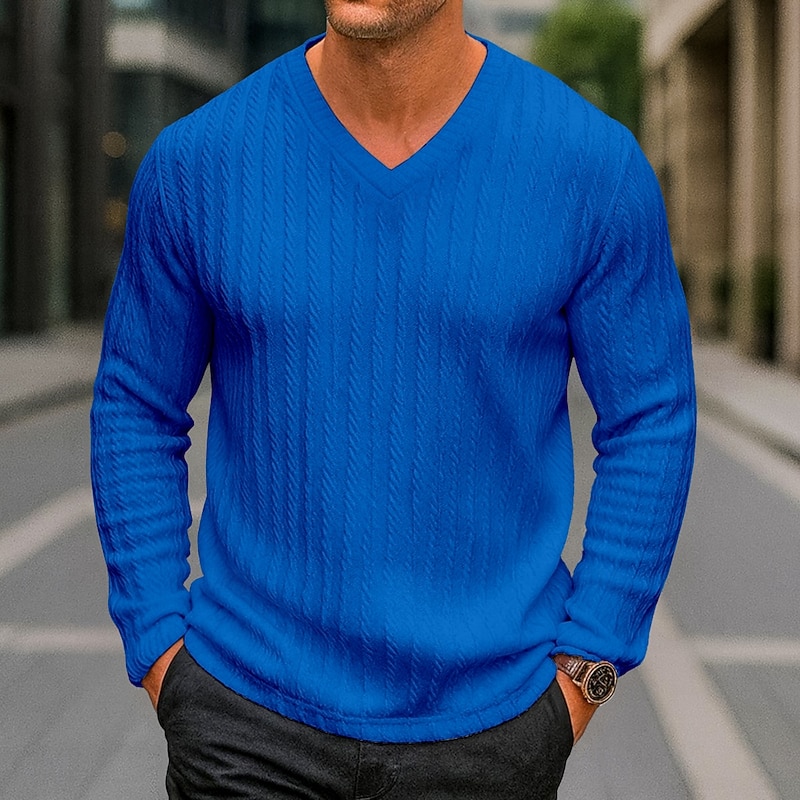 Men's Men V Neck Rib-knit Tee Ribbed Knit tee Tee Top Long Sleeve V Neck Spring Fall All Seasons Plain Jacquard Textured Modern Casual Comfortable Basic Home Street Casual White Navy Blue Royal Blue4