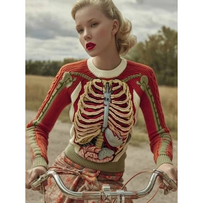 Halloween Women's Sweater Skeleton  Cute Streetwear Casual Graphic Skeleton Crew Neck Patchwork Knitted Long Sleeve Regular Tops KnitRed Orange Fall Winter2